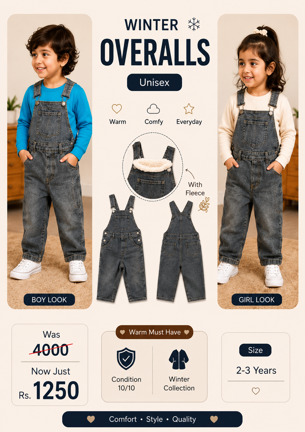 Kids Warm Fleece Lined Denim Dungarees (2–3 Years) – Unisex Winter Overalls