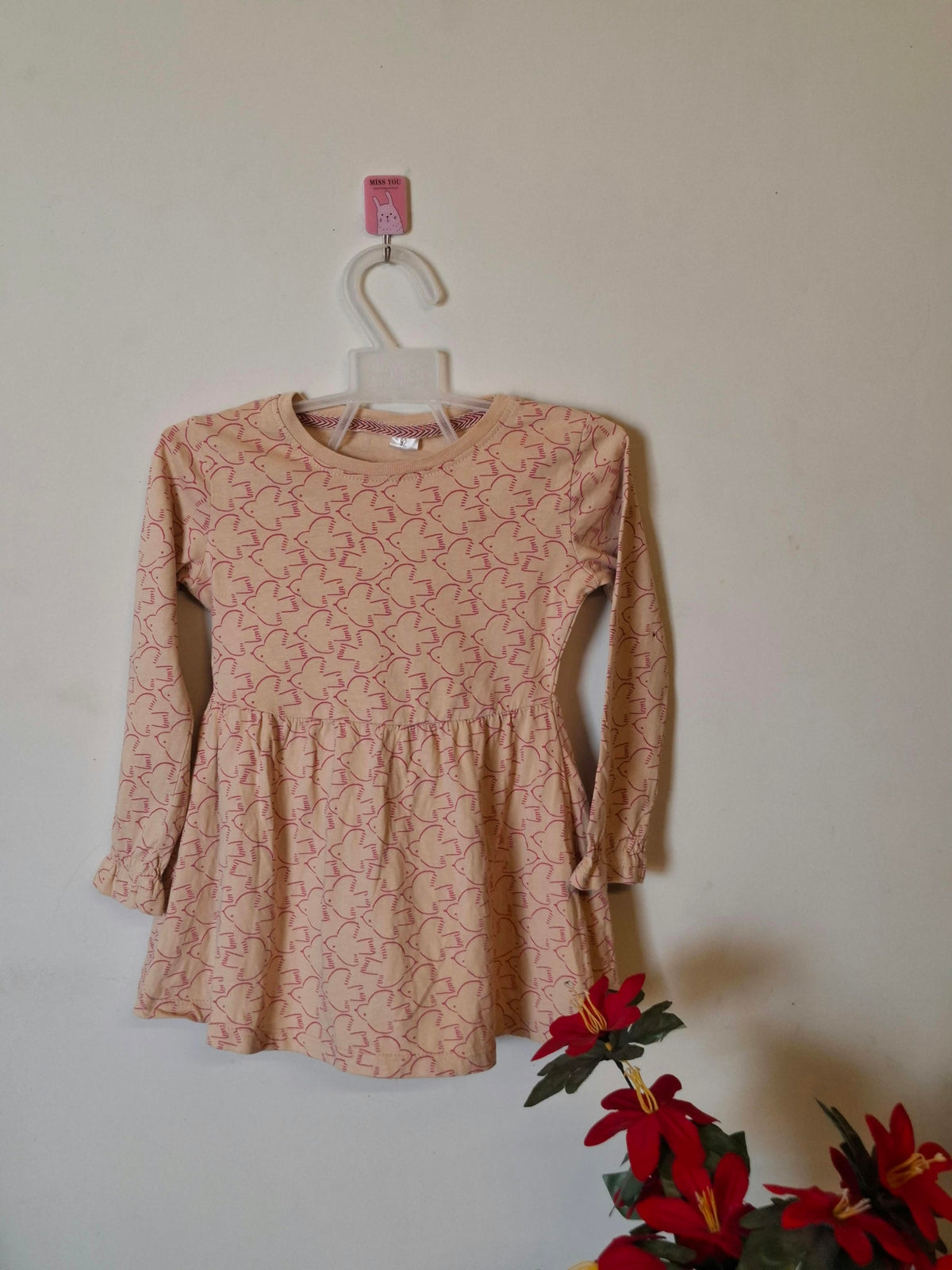 Girls Peach Printed Full-Sleeve Dress – All-Season Wear