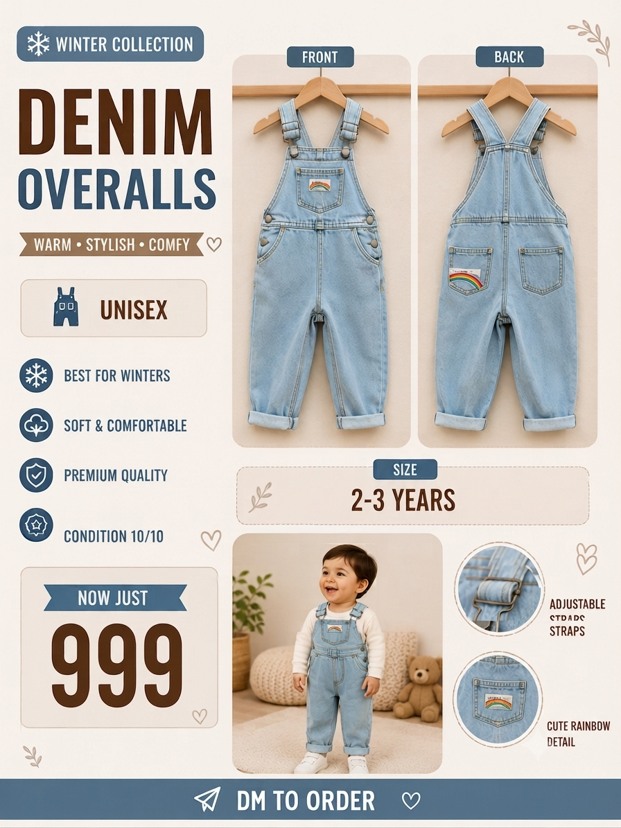 Unisex Toddler Light Wash Denim Overalls with Rainbow Detail
