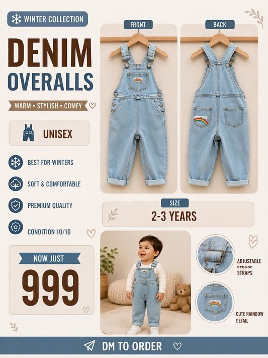 Unisex Toddler Light Wash Denim Overalls with Rainbow Detail