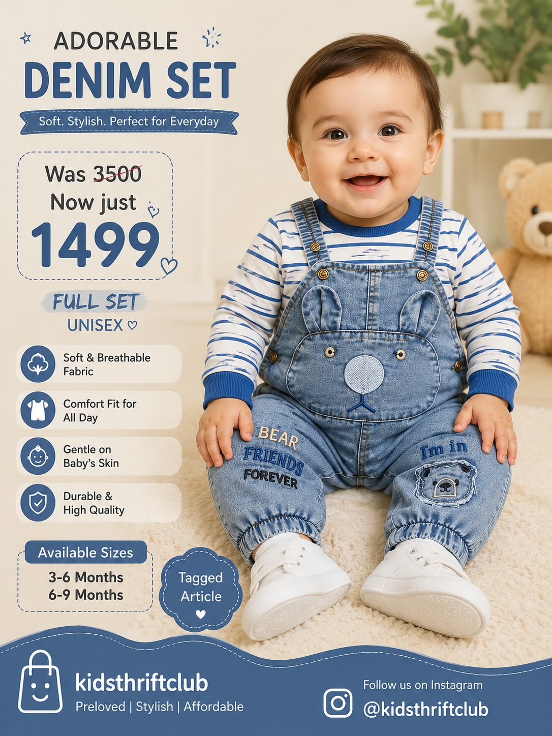 Unisex Soft Denim Dungarees & Blue Striped Top 2-Piece Set