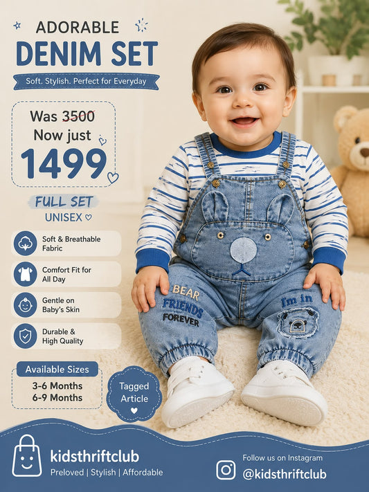 Unisex Soft Denim Dungarees & Blue Striped Top 2-Piece Set