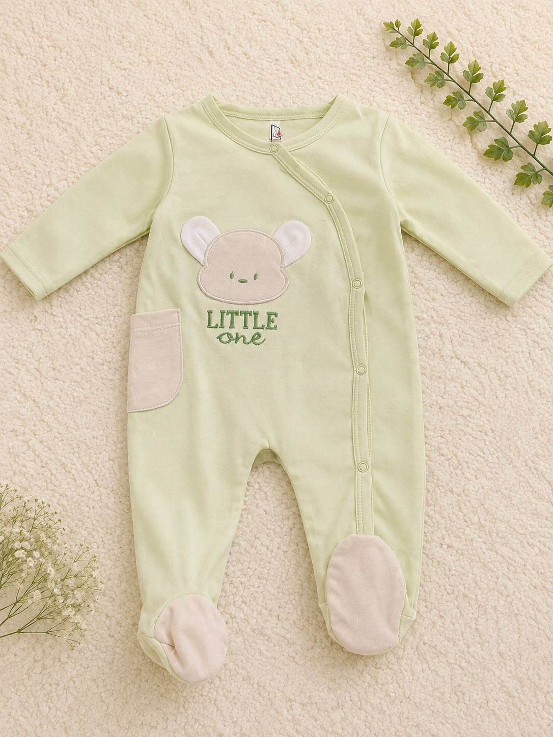 Pastel Sage Green Long Sleeve Footed Baby Onesie with Bear Patch