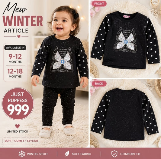 Girls Black Butterfly Printed Winter Full-Sleeve Shirt | Polka Dot Sleeves