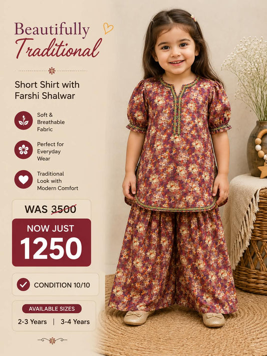 Maroon Floral Short Shirt with Farshi Shalwar Set for Girls