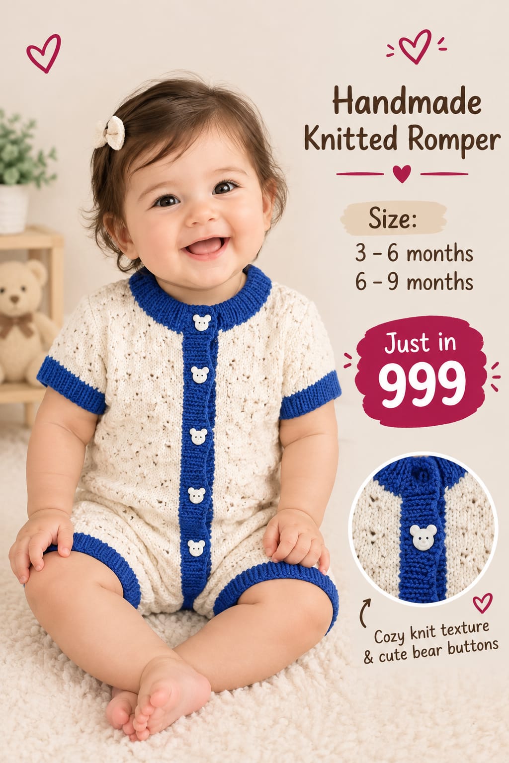 Handmade Knitted Romper with Bear Buttons