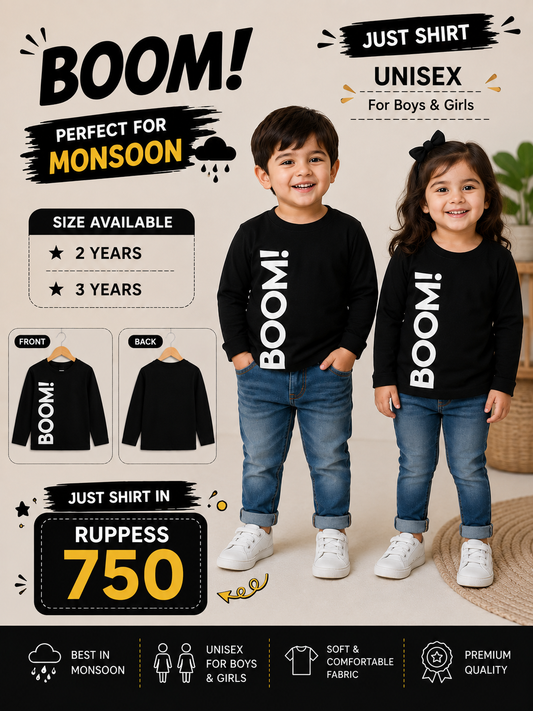 Unisex "BOOM!" Black Full-Sleeve T-Shirt for Kids - Monsoon Wear