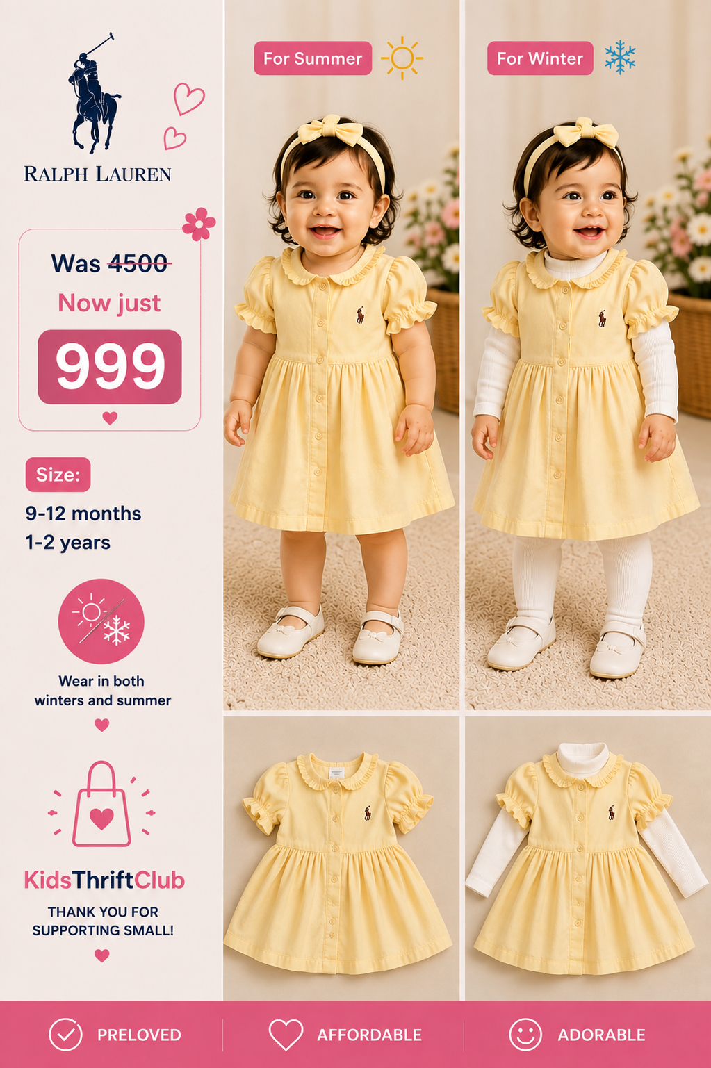 Official Ralph Lauren Pastel Yellow Short Sleeve Embroidered Baby Dress