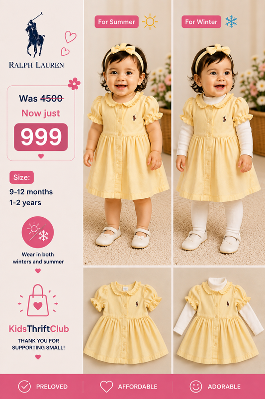Official Ralph Lauren Pastel Yellow Short Sleeve Embroidered Baby Dress