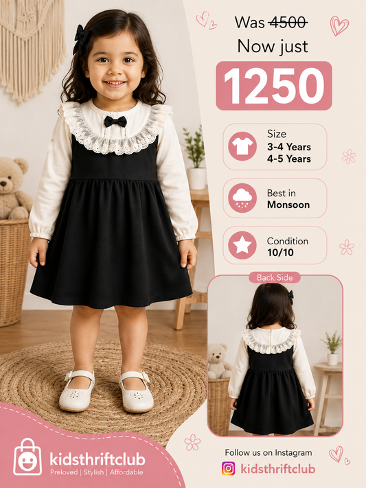 Girls Black & White Collared Party Dress with Lace Detail & Bow - Pre-Loved Kidswear