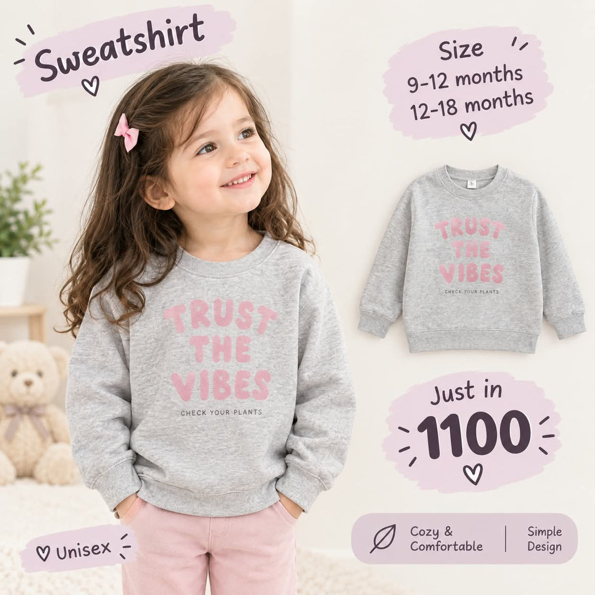 Gray "Trust The Vibes" Graphic Sweatshirt | Cozy Unisex Kids Pullover