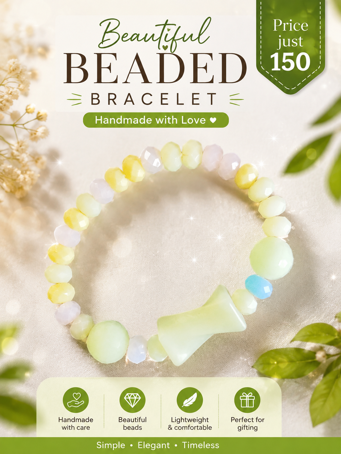 Handmade Beaded Bracelet with Pastel Beads & Charm