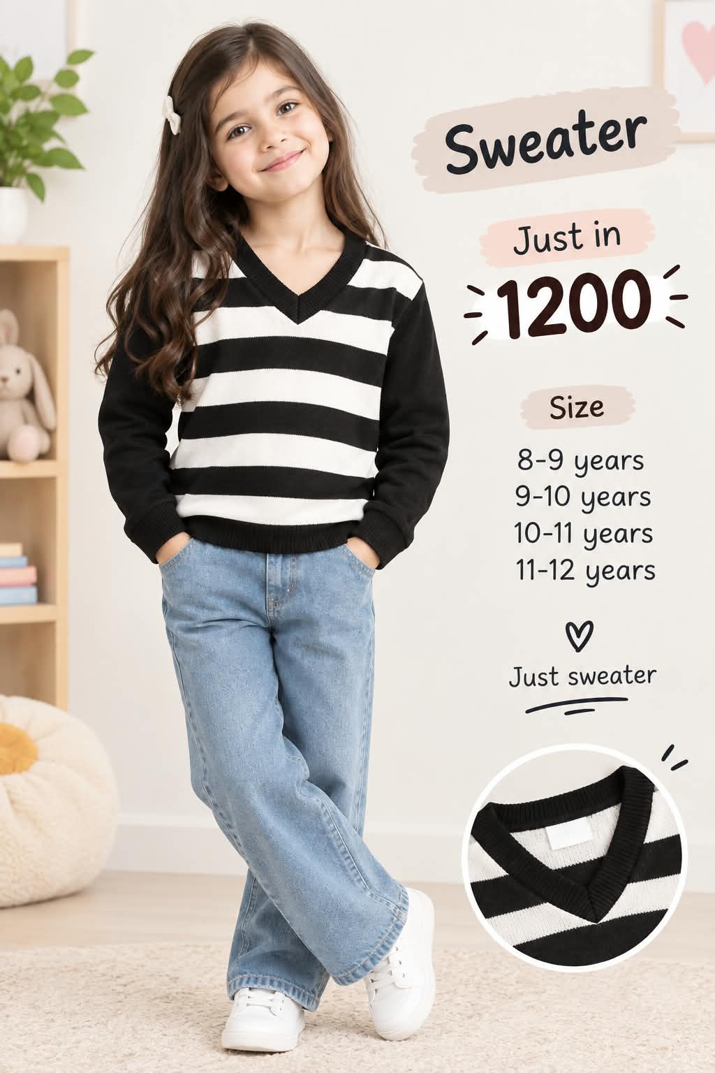 Black and White Striped V-Neck Sweater for Girls