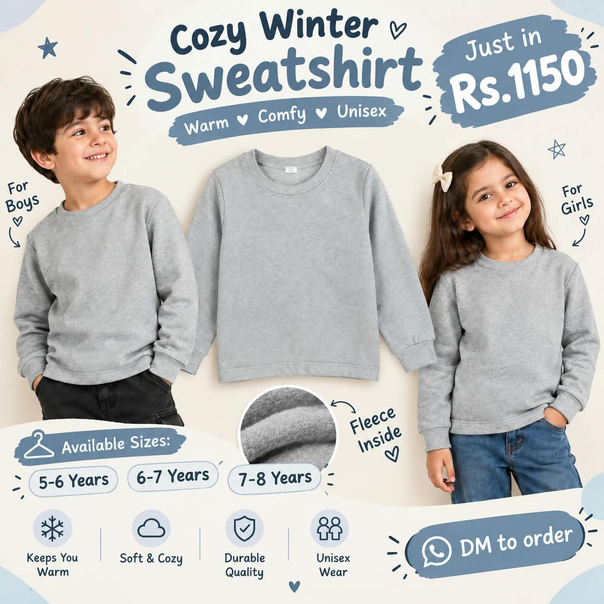 Unisex Grey Cozy Winter Sweatshirt for Kids