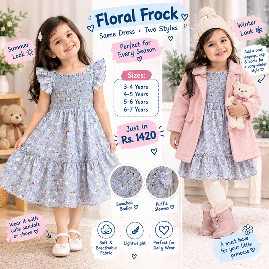 Blue Floral Smocked Bodice Frock - All-Season Dress for Girls