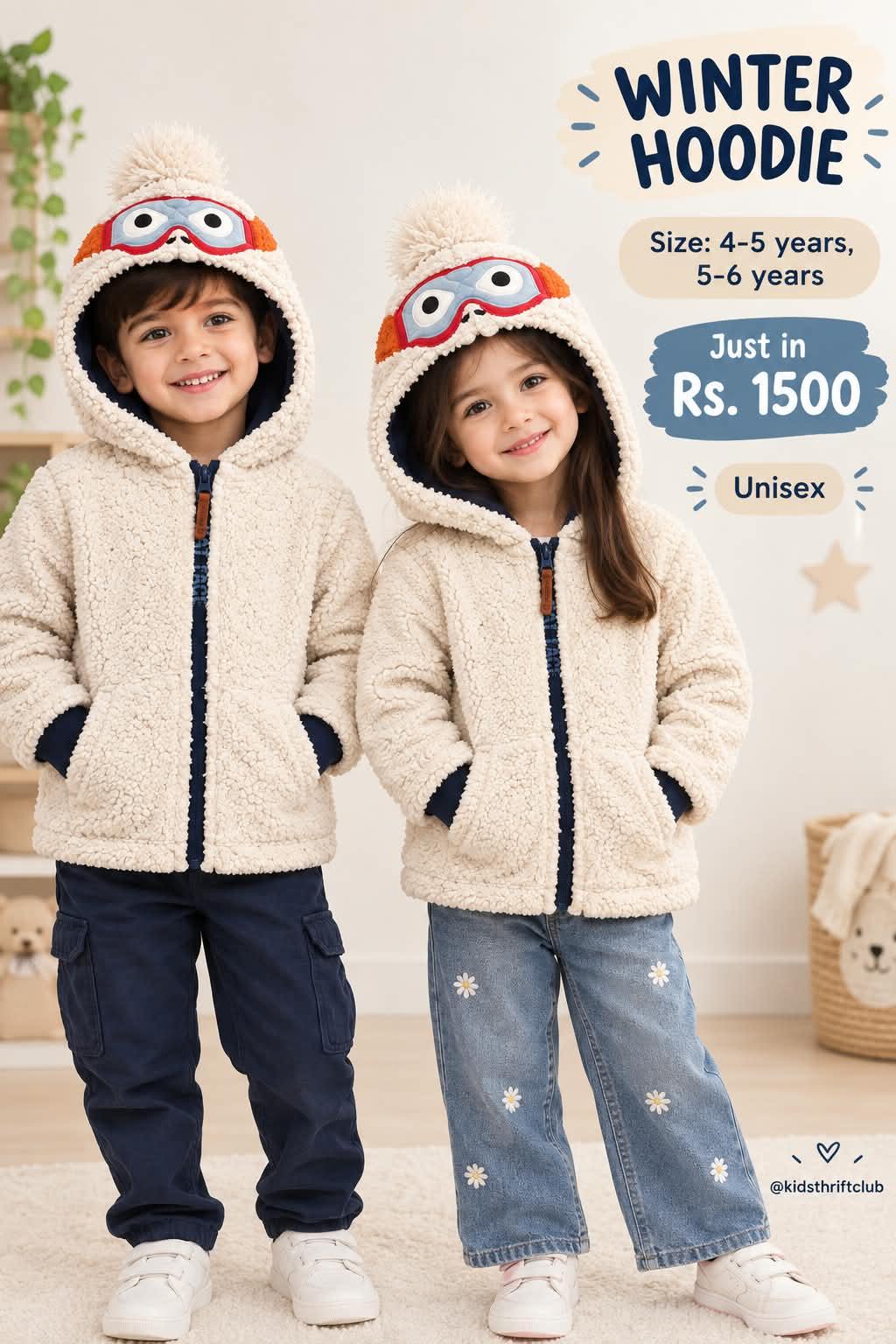 Kids Unisex Fluffy Winter Hoodie with Goggle Design