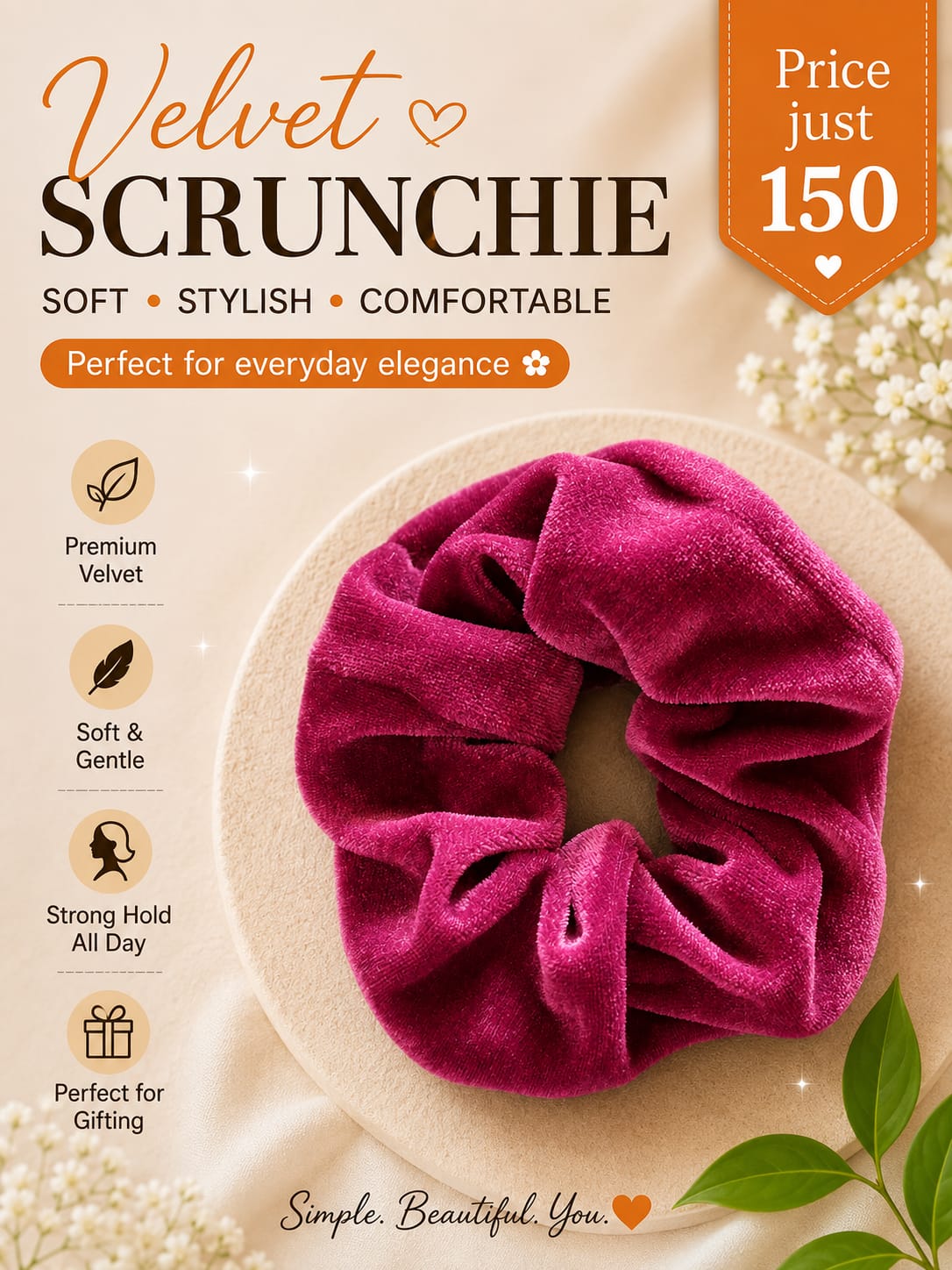 Soft Premium Plush Magenta Pink Velvet Scrunchie – Elastic Hair Tie