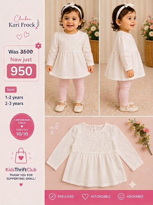 Off-White Cotton Long Sleeve Chicken Kari Yoke Frock for Baby Girls
