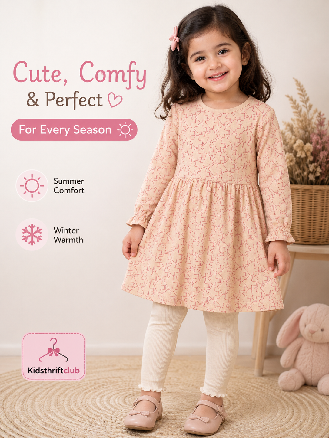 Girls Peach Printed Full-Sleeve Dress – All-Season Wear