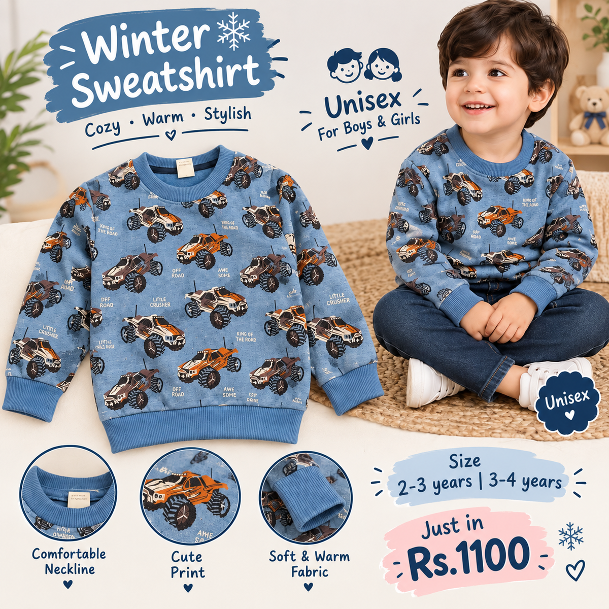 Blue Monster Truck Print Winter Sweatshirt for Kids | Cozy Unisex Pullover