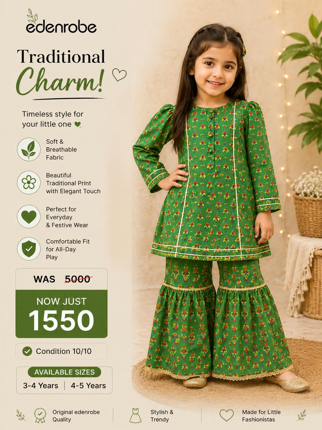Edenrobe Traditional Green Printed Kurti with Sharara Set for Girls