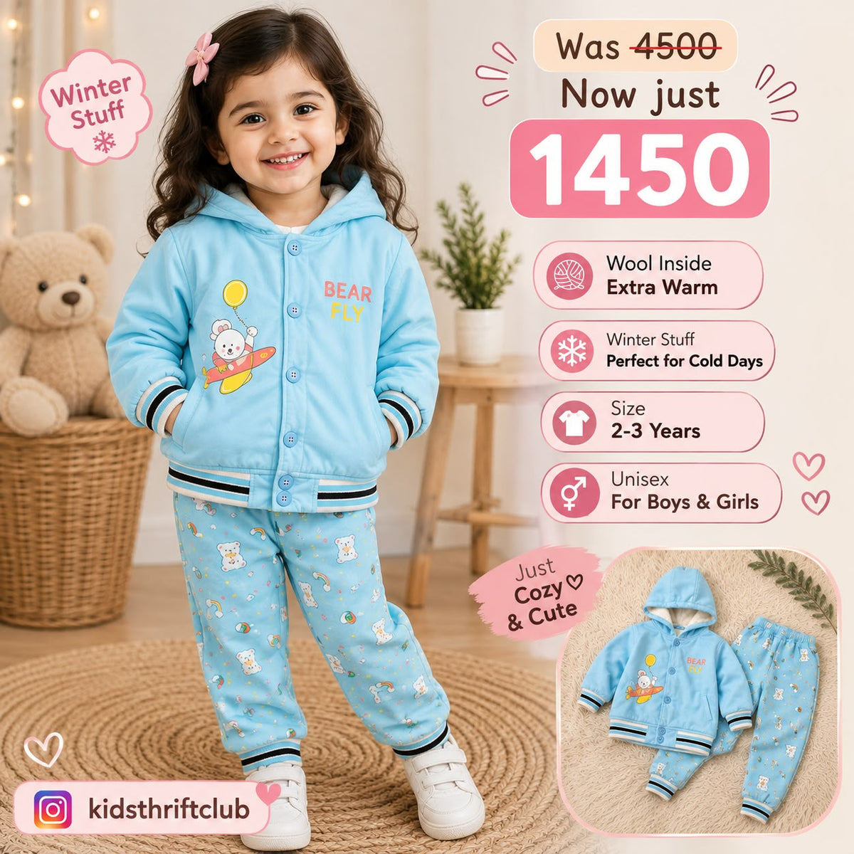 Kids Winter Hooded Jacket & Trouser Set – Warm Wool-Insulated 2-Piece Outfit