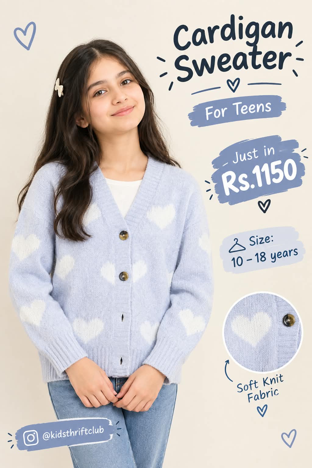 Blue Heart Pattern Cardigan Sweater for Teen Girls