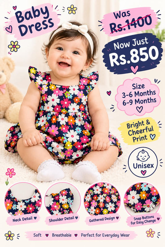 Navy Blue Bright Floral Print Baby Dress
