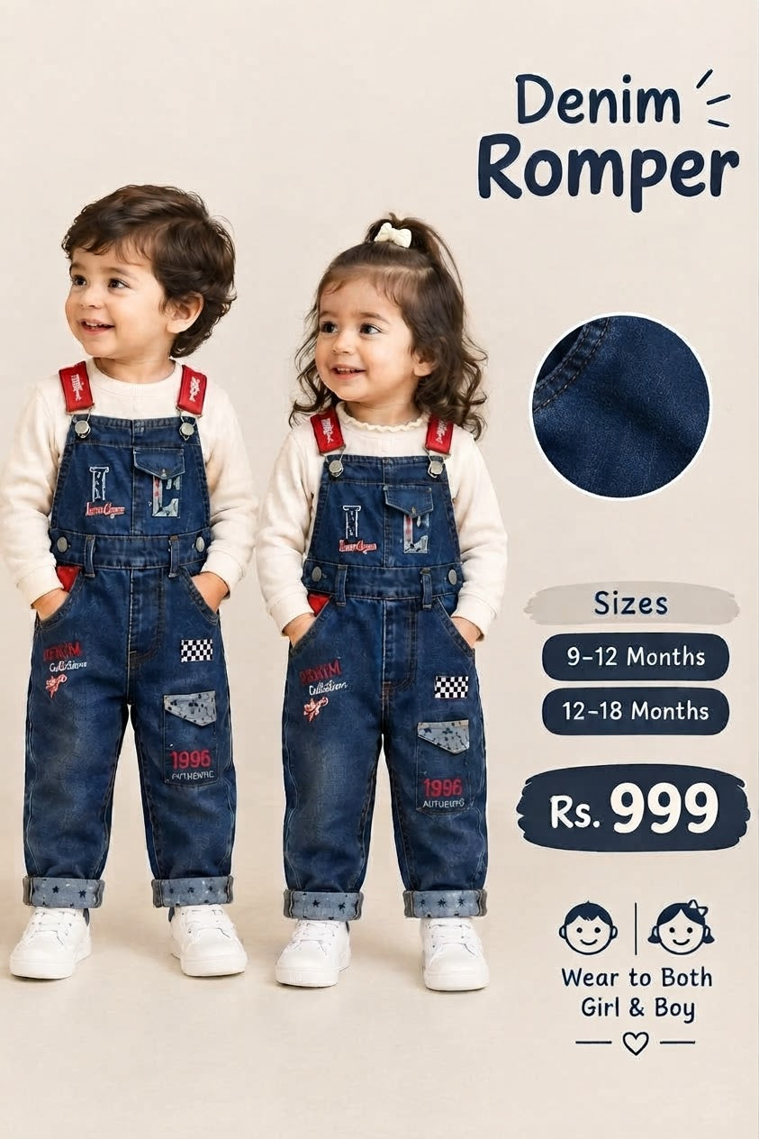 Unisex Denim Romper with Red Straps and Patches for Infants and Toddlers
