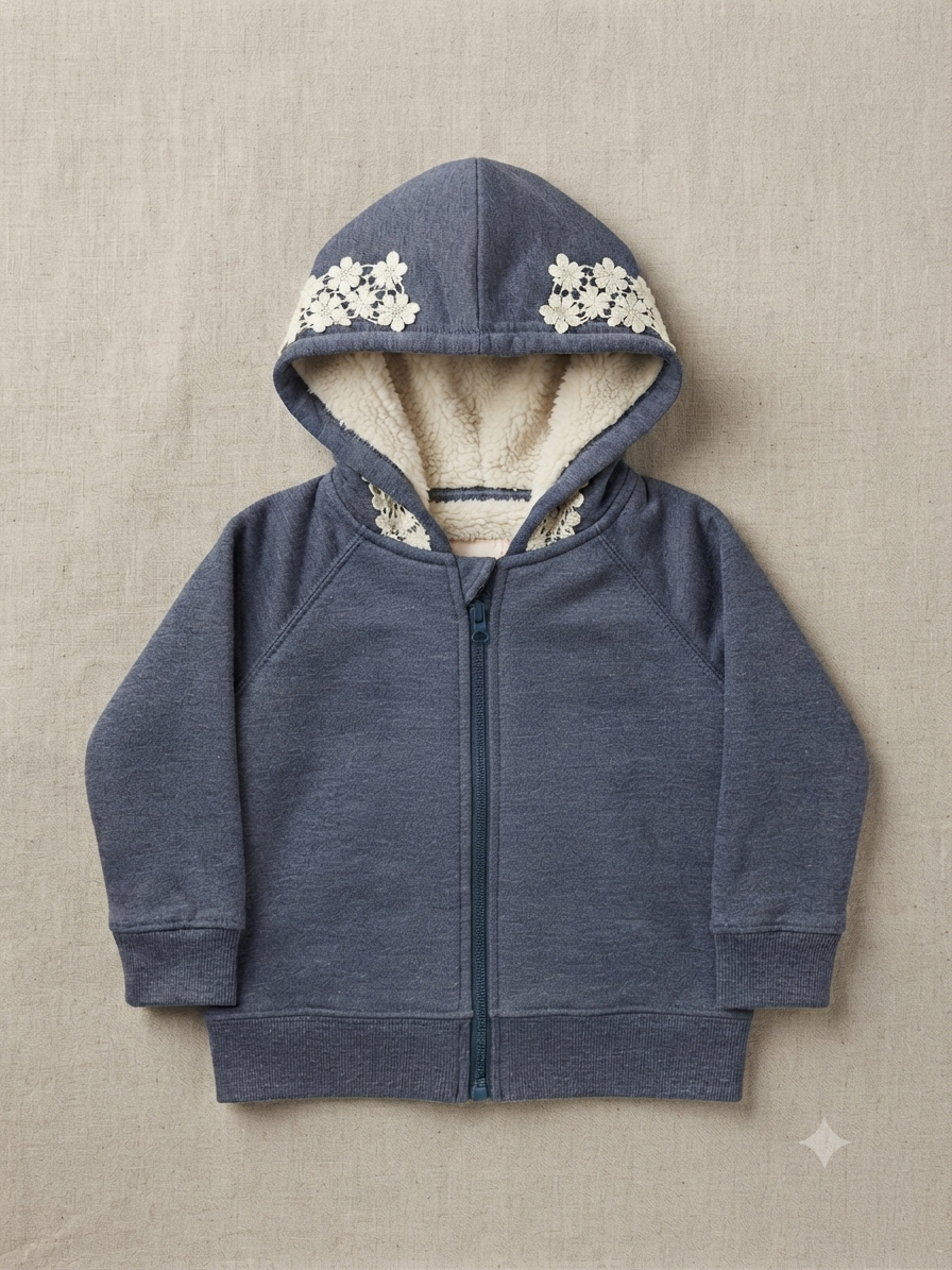 Blue Floral Trim Winter Hoodie for Baby Girls | Cozy Wool-Lined Zip-Up Jacket