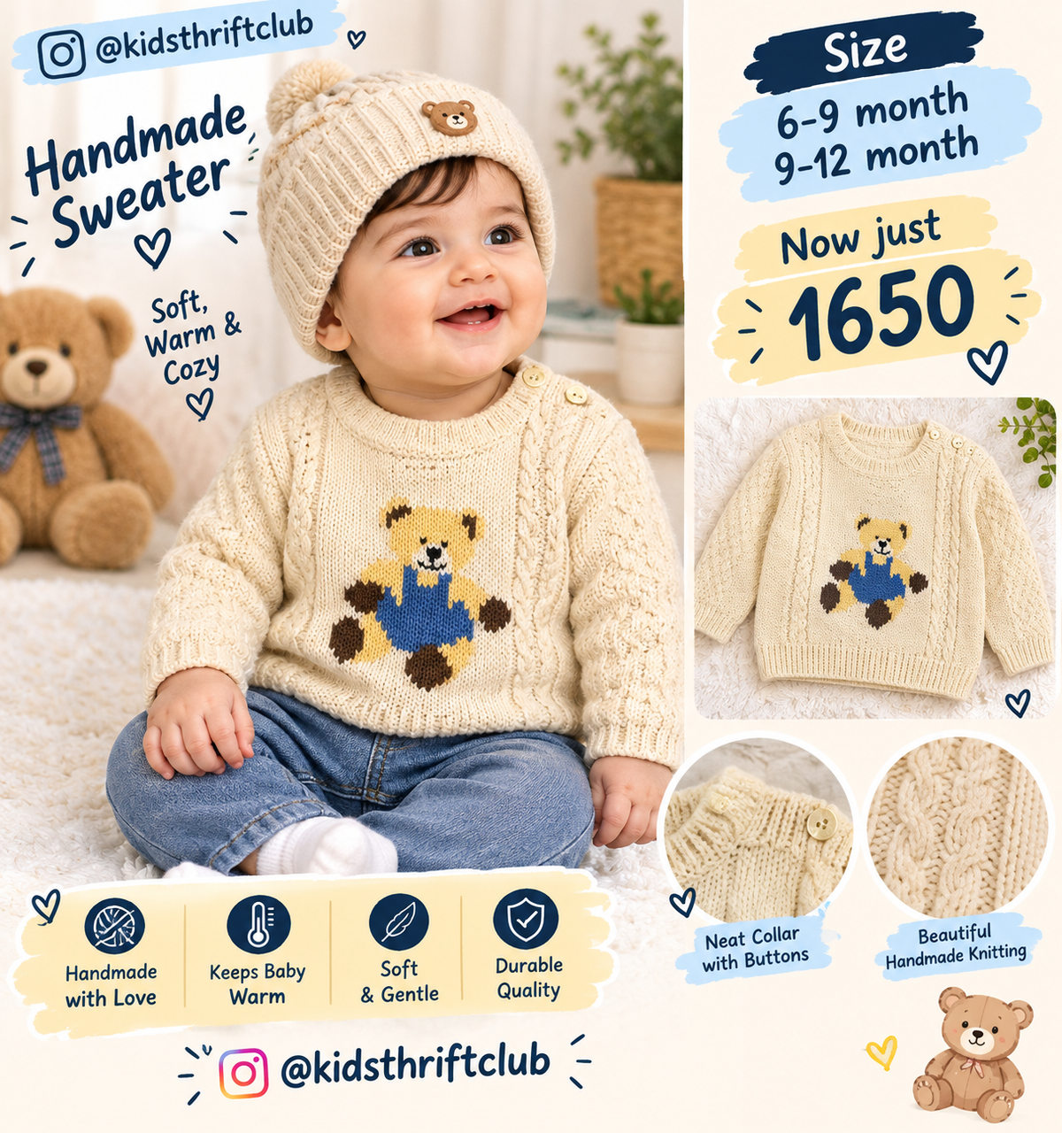 Handmade Knitted Baby Bear Sweater – Warm Winter Sweater