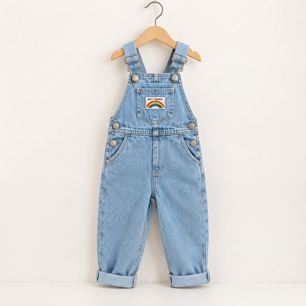 Unisex Light Wash Denim Overalls with Rainbow Detail for Kids