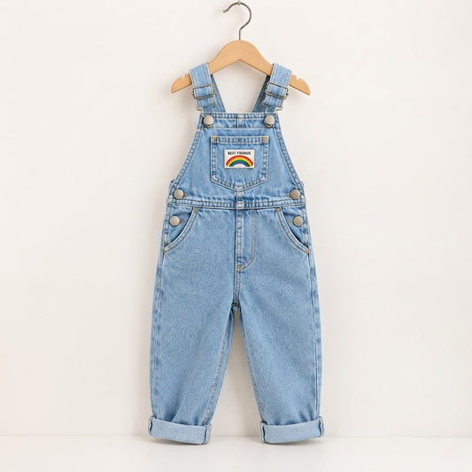 Unisex Light Wash Denim Overalls with Rainbow Detail for Kids