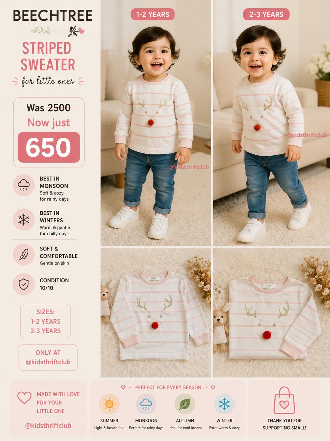 The Little White Company Baby Girl Winter Striped Shirt – Reindeer Print