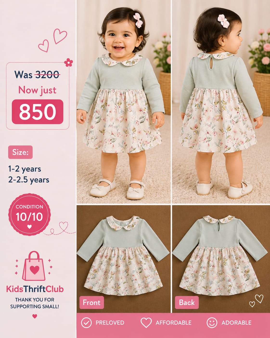Sage Green Floral Peter Pan Collar Baby Dress – Long Sleeve Frock