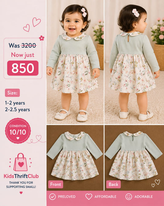 Sage Green Floral Peter Pan Collar Baby Dress – Long Sleeve Frock