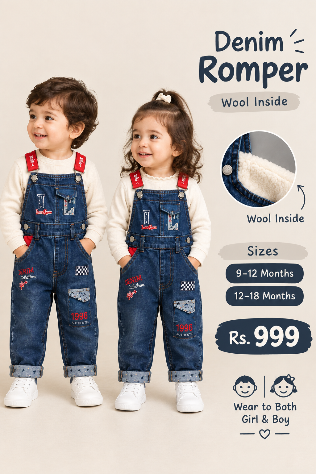 Unisex Denim Romper with Red Straps for Infants and Toddlers