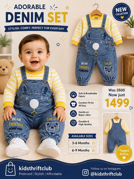 Unisex Soft Denim Dungarees & Yellow Striped Top 2-Piece Set