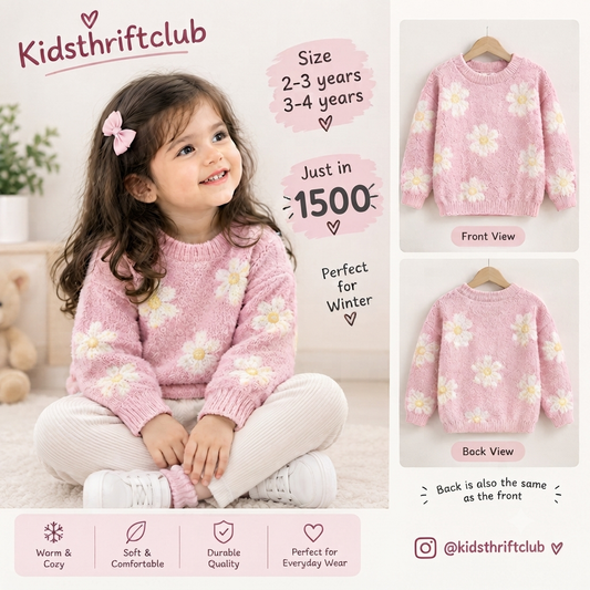 Disney Pink Floral Knitted Sweater for Girls | Cozy Daisy Print Winter Pullover