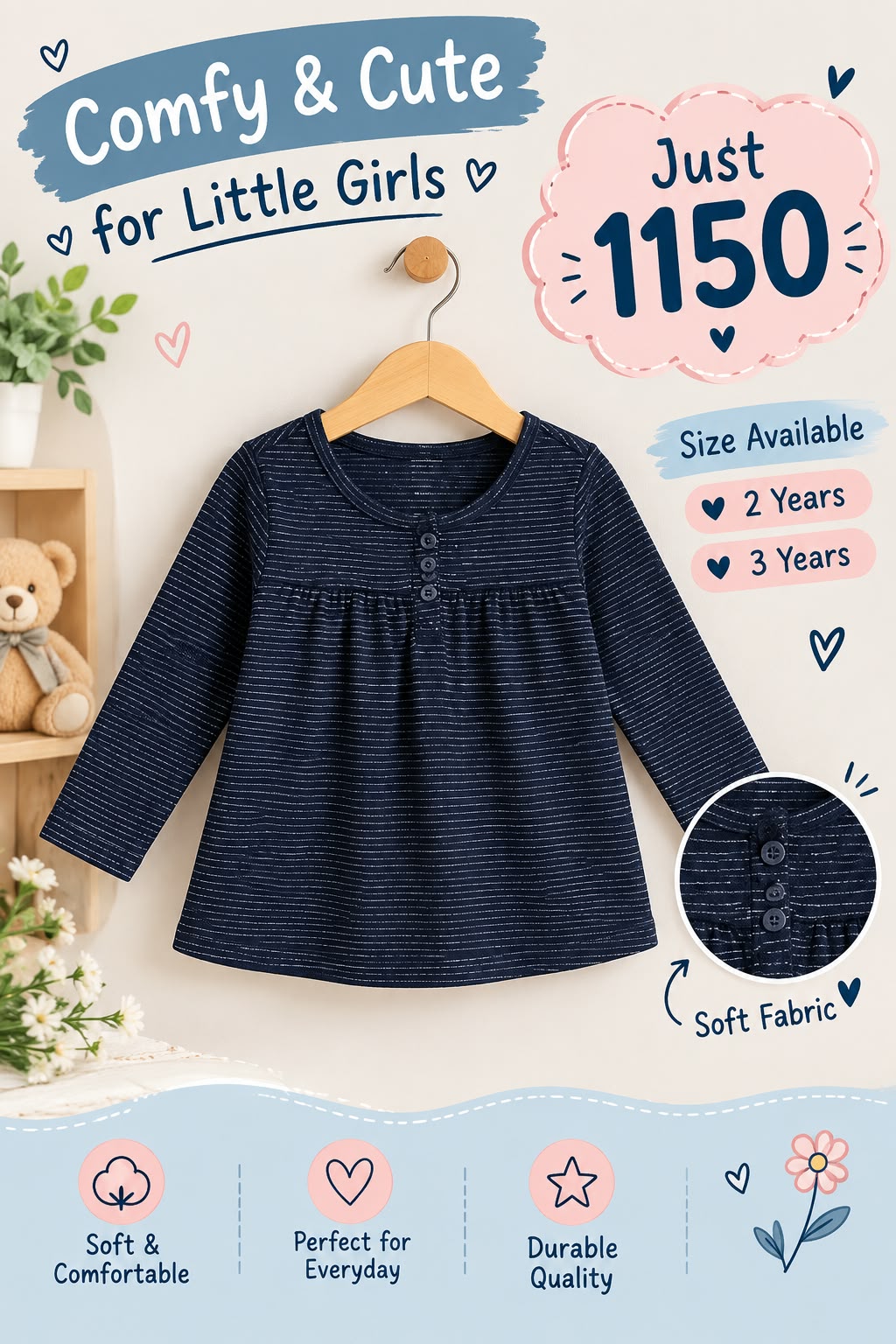 Comfy Striped Button-Detail Top for Little Girls
