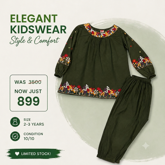 Girls Embroidered 2-Piece Eastern Suit | Dark Green Outfit