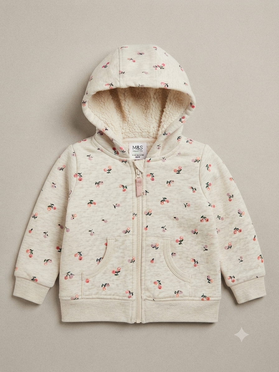 M&S Floral Winter Hoodie for Girls | Cozy Sherpa-Lined Zip-Up Jacket