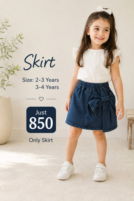 Toddler Girls Dark Blue Denim Skirt with Bow – Cute A-Line Skirt