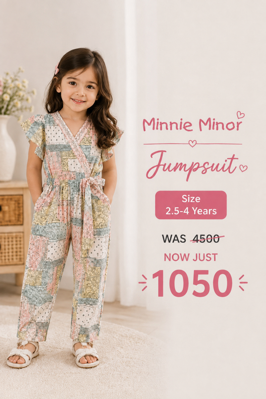 Minnie Minor Floral Patchwork Printed Girls Jumpsuit with Flutter Sleeves