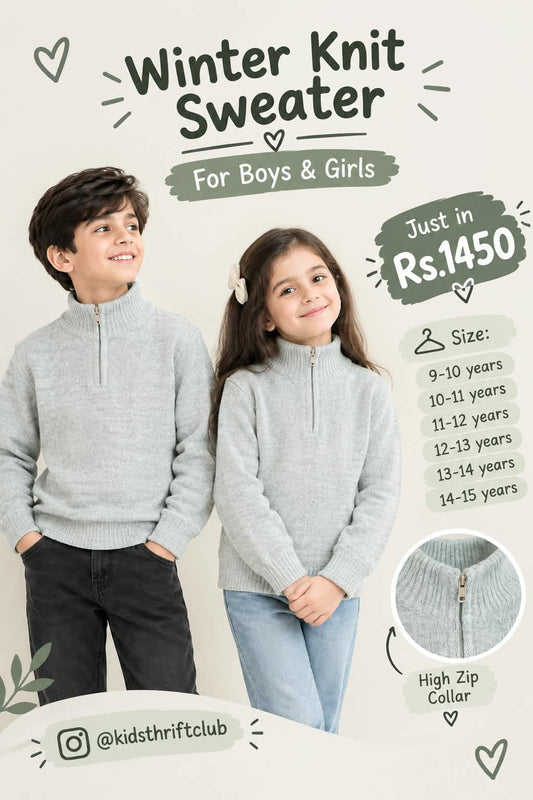 Unisex Grey High-Zip Collar Winter Knit Sweater for Kids