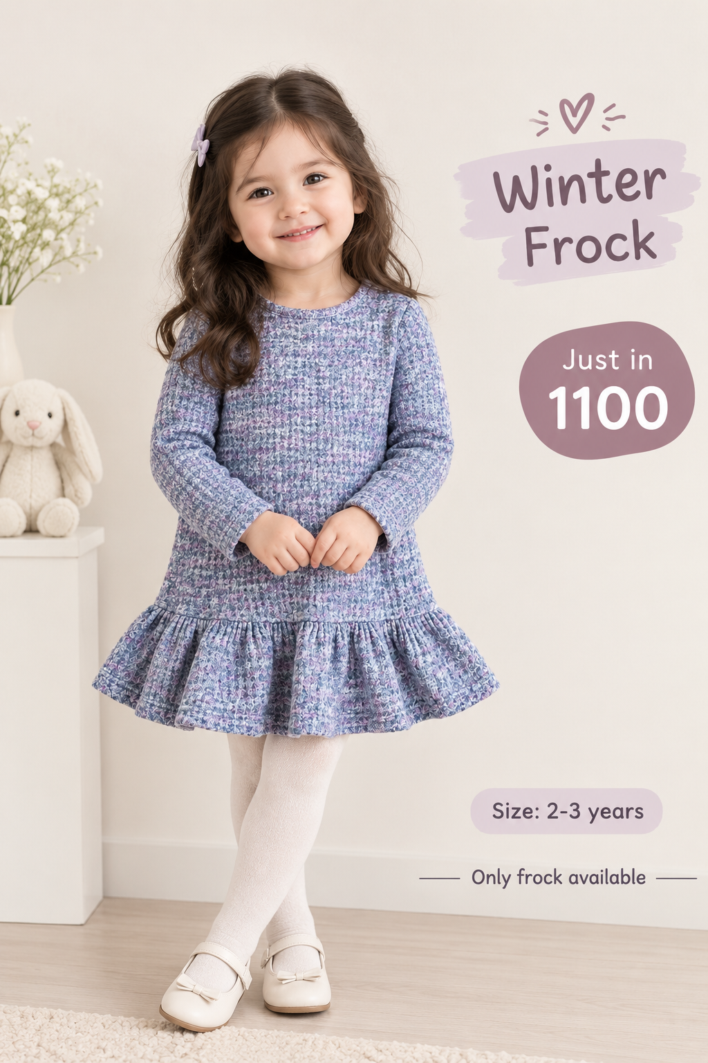 Blue Tweed Textured Winter Frock for Girls