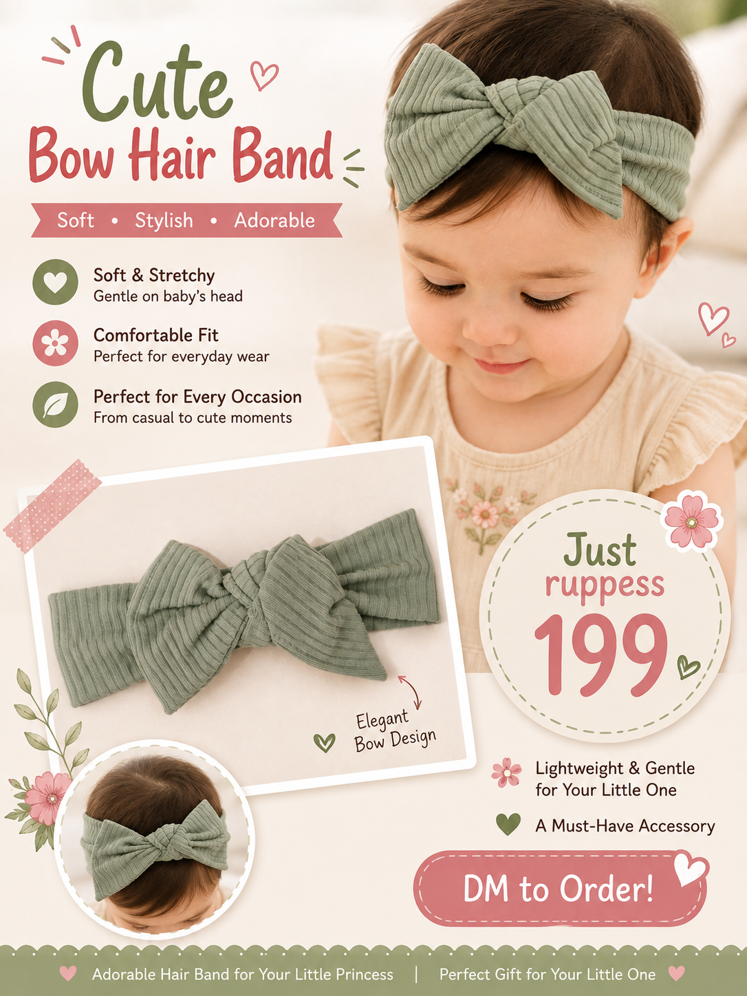 Soft Ribbed Sage Green Baby Bow Headband – Stretchy Infant Hairband