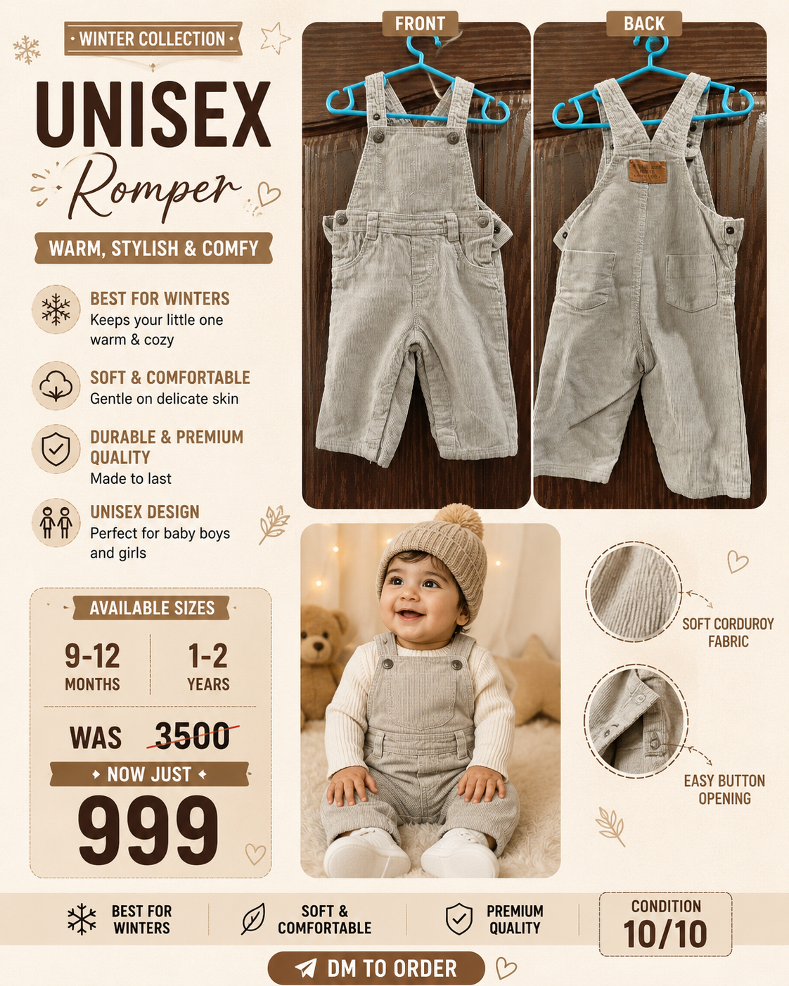 Baby Winter Corduroy Overalls – Soft Neutral Dungarees for Boys & Girls