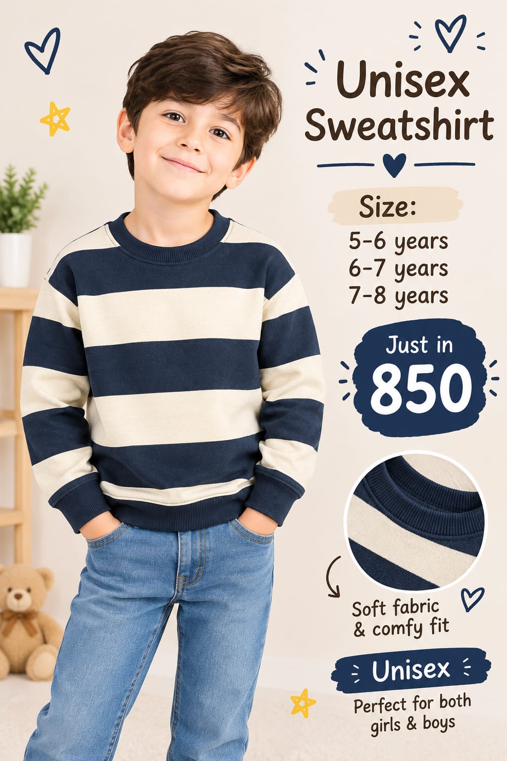 Kids Striped Unisex Sweatshirt – Navy & Cream