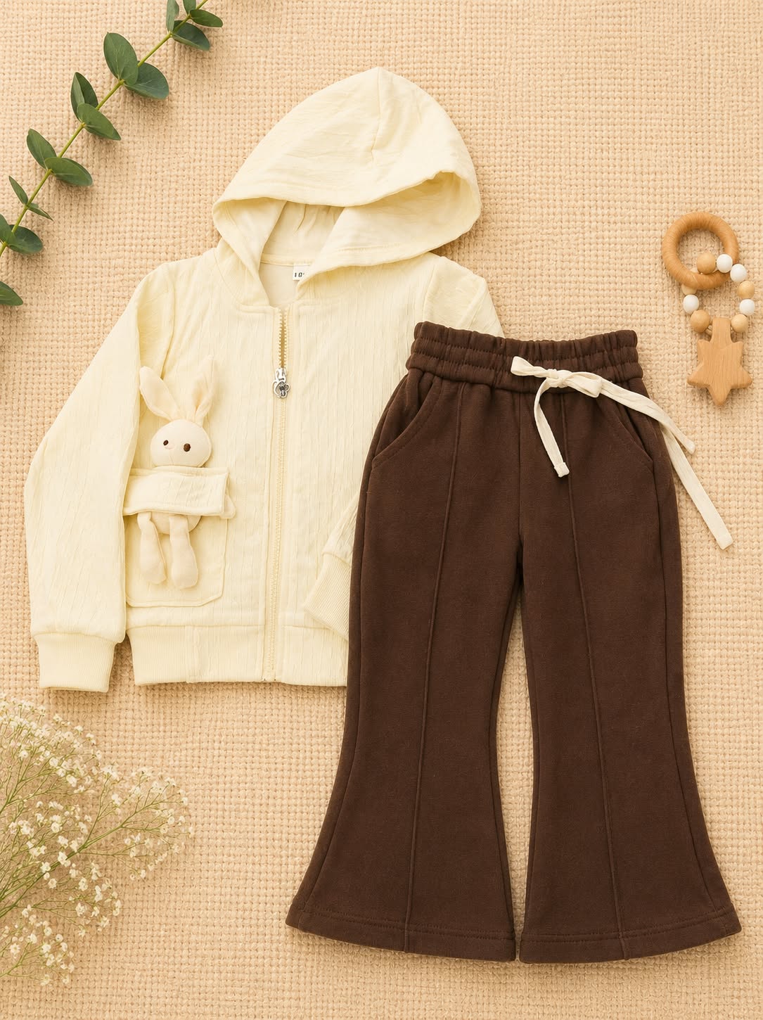 Cozy & Cute Cream Hooded Jacket with Bunny Pocket & Brown Trousers Set